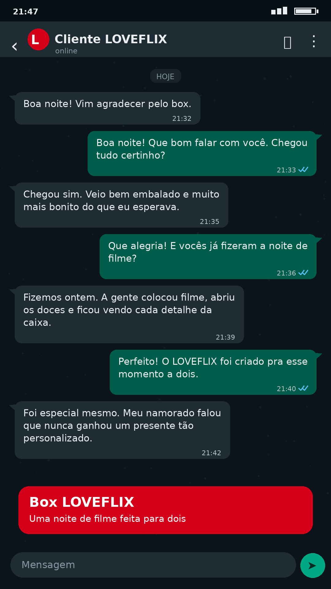 Mensagem de cliente Loveflix no WhatsApp 3